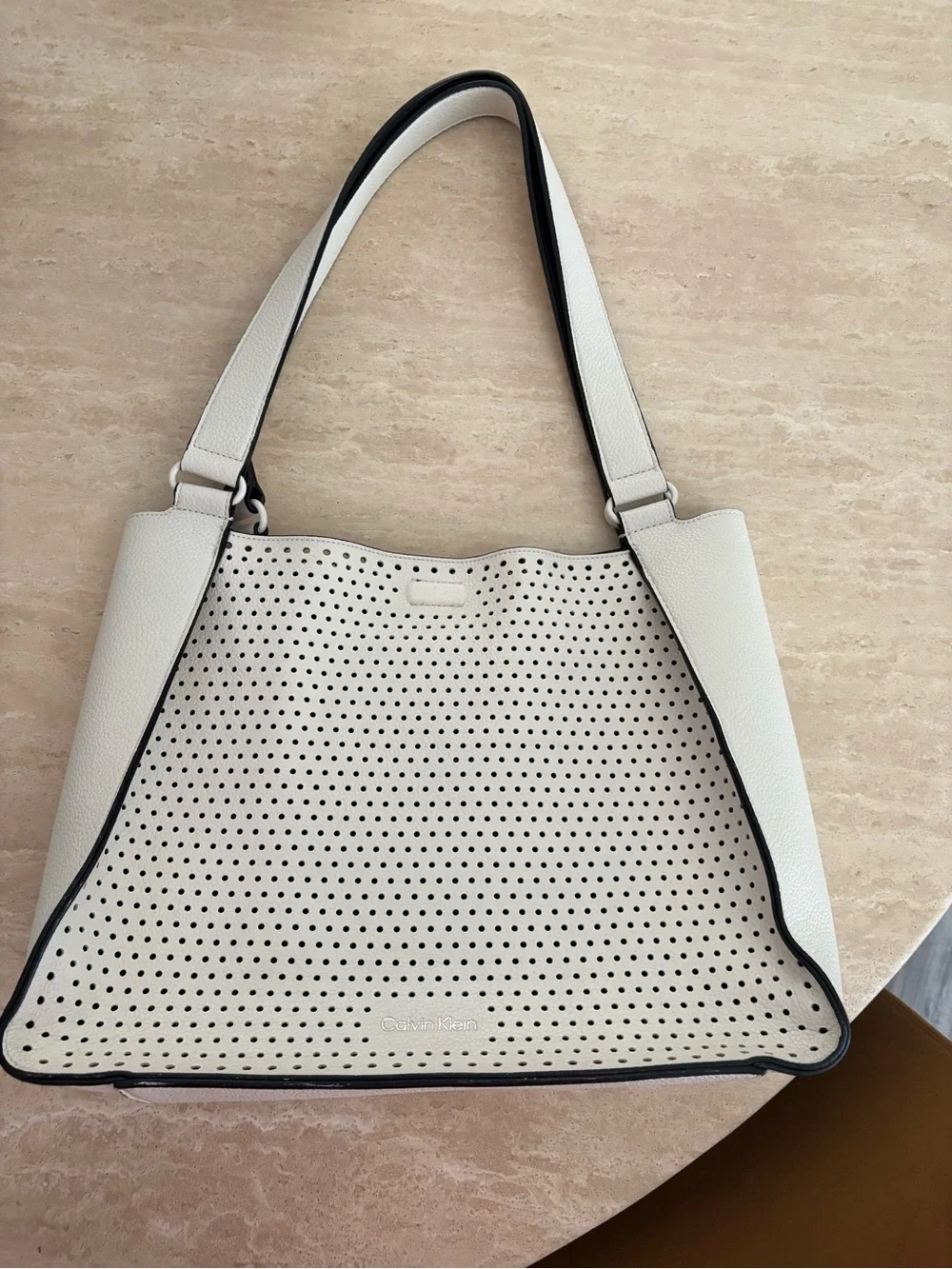 Calvin Klein Perforated Shoulder Tote in Off-White with Black Trim